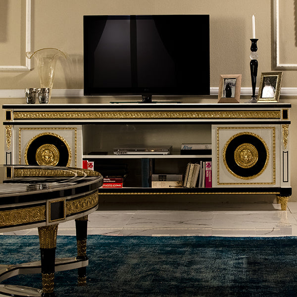 Striking White and Black TV Console with Lavish Gold Accents