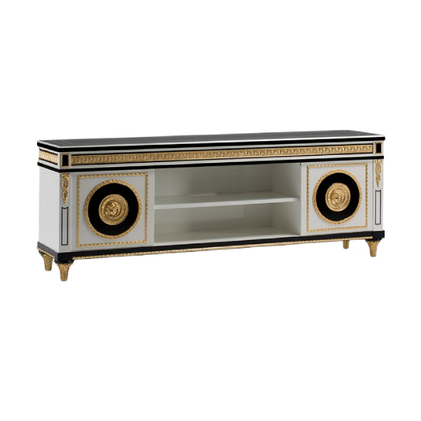 Striking White and Black TV Console with Lavish Gold Accents