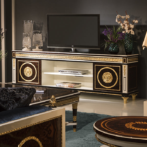 Elegant Living Room Setting with Striking White and Black TV Console