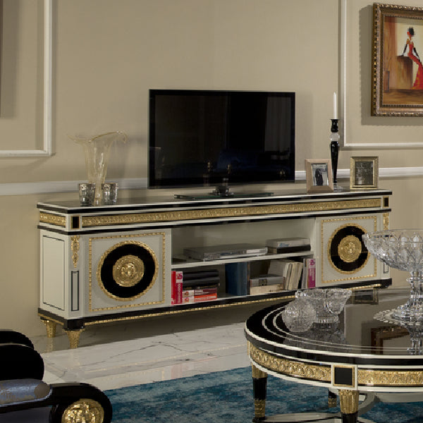 Elegant Living Room Setting with Striking White and Black TV Console