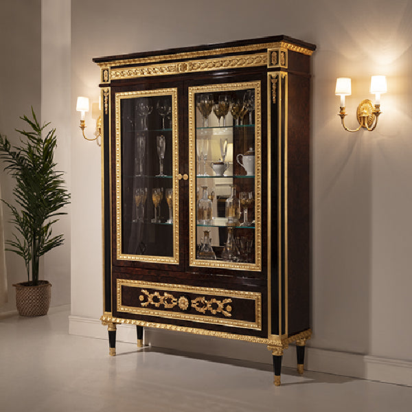 Luxurious Display Cabinet with Glass Doors and Ornate Detailing