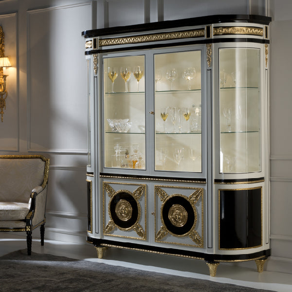 Sophisticated Curved Display Cabinet with Glass Front and Gold Accents