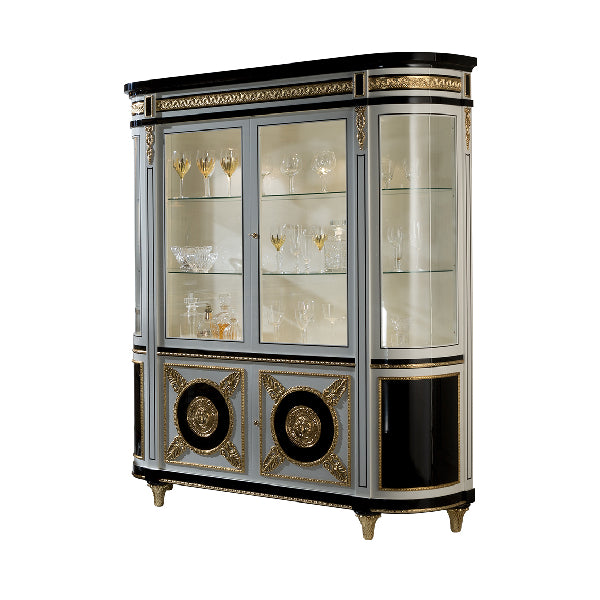 Sophisticated Curved Display Cabinet with Glass Front and Gold Accents