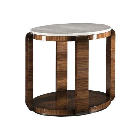 Sleek Oval Side Table with Marble and Wood Elements