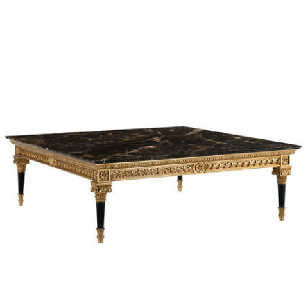 Opulent Square Coffee Table with Dark Marble Top and Lavish Gold Accents