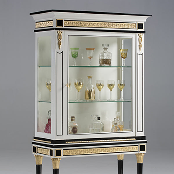 Elegant Display Cabinet with Glass Doors and Gold Accents