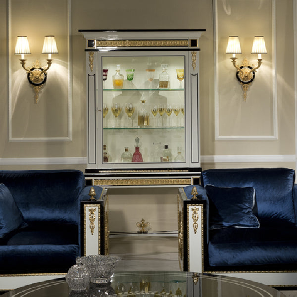 Elegant Display Cabinet with Glass Doors and Gold Accents