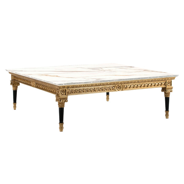 Elegant Square Coffee Table with Marble Top and Intricate Gold Detailing