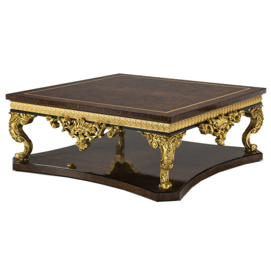 Exquisite Square Coffee Table with Rich Wood Finish and Ornate Gold Accents