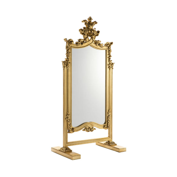 Exquisite Gold-Finished Standing Mirror with Intricate Detailing