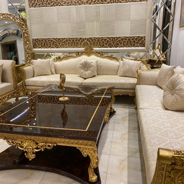 Luxurious Living Room Sofa Ensemble with Hand-Carved Details and Gold Leaf Accents