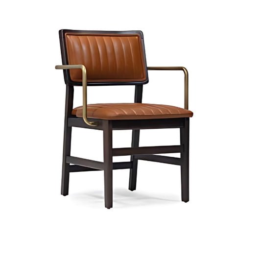 Industrial Chic Brown Leather Armchair with Dark Wood Frame and Brass Accents