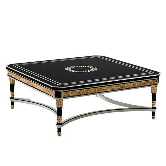 Elegant Square Coffee Table with Black Lacquer Finish and Intricate Gold Inlay