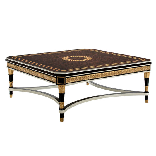 Sophisticated Square Coffee Table with Intricate Inlay and Elegant Gold Trim