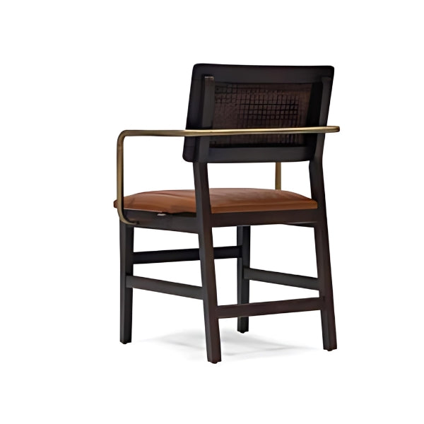 Industrial Chic Brown Leather Armchair with Dark Wood Frame and Brass Accents