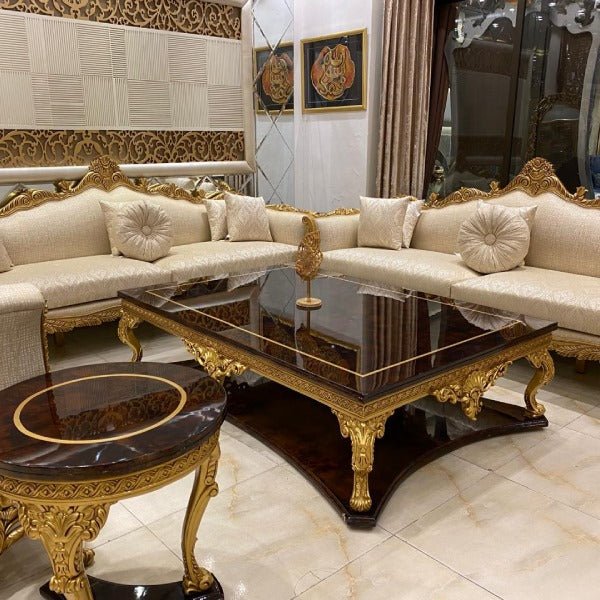 Luxurious Living Room Sofa Ensemble with Hand-Carved Details and Gold Leaf Accents