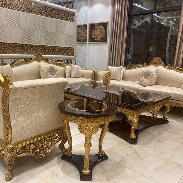 Luxurious Living Room Sofa Ensemble with Hand-Carved Details and Gold Leaf Accents