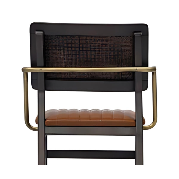 Industrial Chic Brown Leather Armchair with Dark Wood Frame and Brass Accents