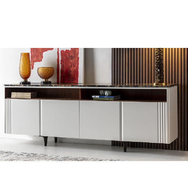 Media console with marble top and sleek design