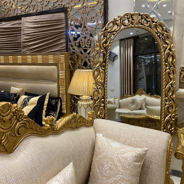 Luxurious Living Room Sofa Ensemble with Hand-Carved Details and Gold Leaf Accents