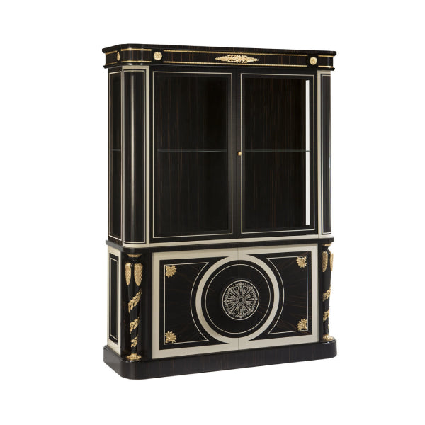 Elegant Display Cabinet with Glass Doors and Detailed Inlay