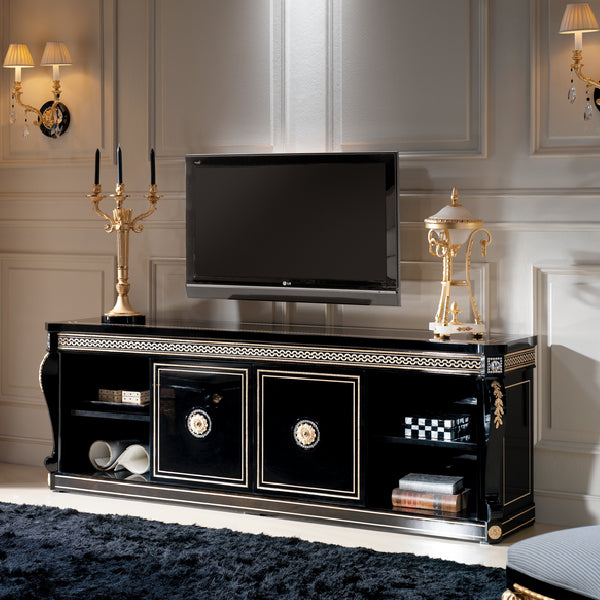 Sophisticated Black TV Console with Decorative Accents and Ample Storage