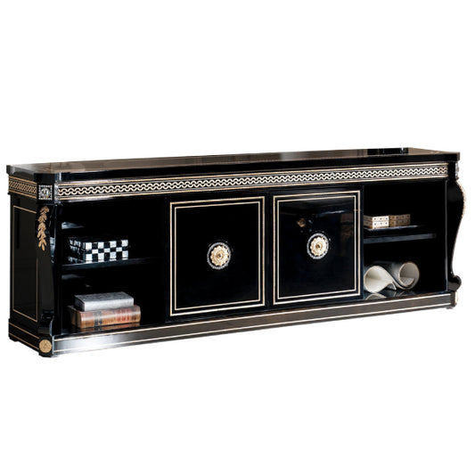 Sophisticated Black TV Console with Decorative Accents and Ample Storage