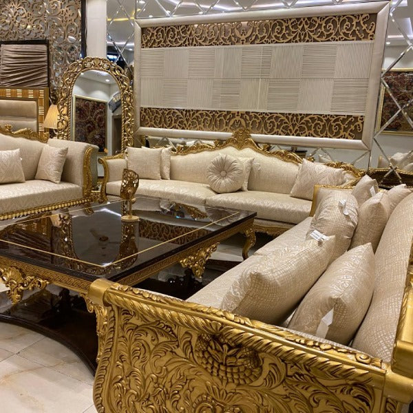 Luxurious Living Room Sofa Ensemble with Hand-Carved Details and Gold Leaf Accents