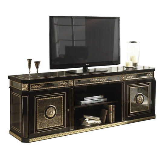 Elegant Black TV Console with Opulent Accents and Versatile Storage