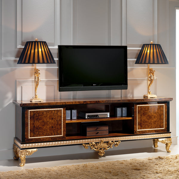 Regal TV Console with Ornate Design and Functional Storage