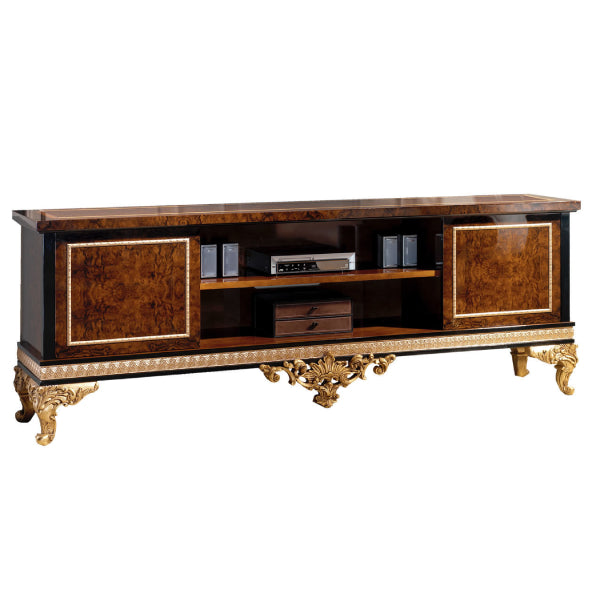 Regal TV Console with Ornate Design and Functional Storage