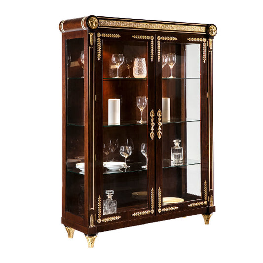 Elegant Display Cabinet with Glass Doors and Decorative Accents