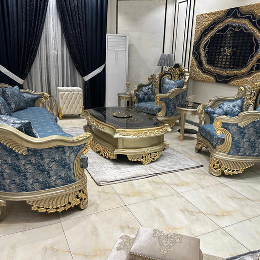 Hand-Made Italian Wooden Sofa Set with Intricate Carvings and Gold Accents