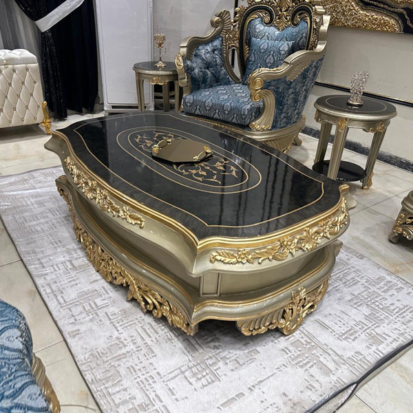 Hand-Made Italian Wooden Sofa Set with Intricate Carvings and Gold Accents