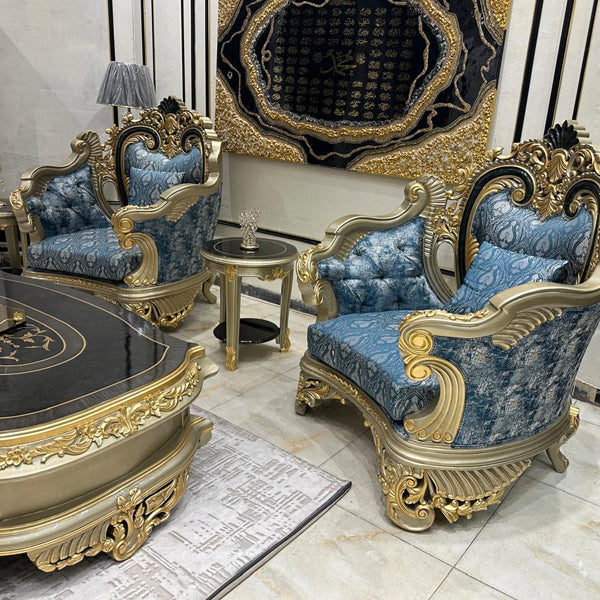 Hand-Made Italian Wooden Sofa Set with Intricate Carvings and Gold Accents