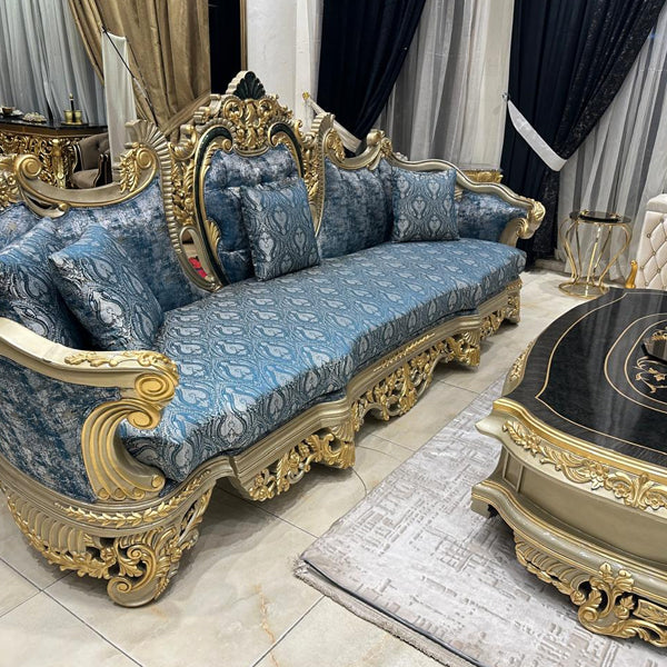 Hand-Made Italian Wooden Sofa Set with Intricate Carvings and Gold Accents