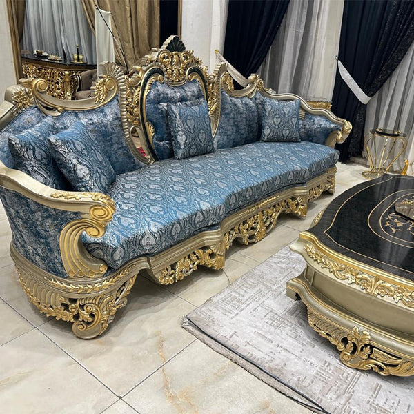 Hand-Made Italian Wooden Sofa Set with Intricate Carvings and Gold Accents