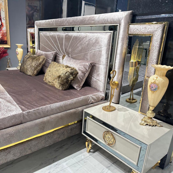 Elegant Modern Bedroom Set with Metallic Accents and Luxurious Upholstered Bed