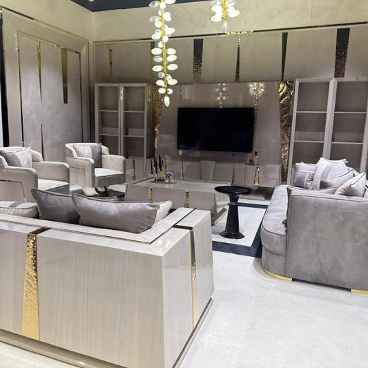 Contemporary Beige Living Room Set with Gold Detailing and High-Gloss Finish