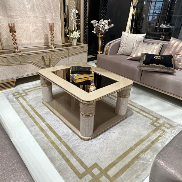 Elegant Modern Living Room Set with Quilted Upholstery and Gold Accents