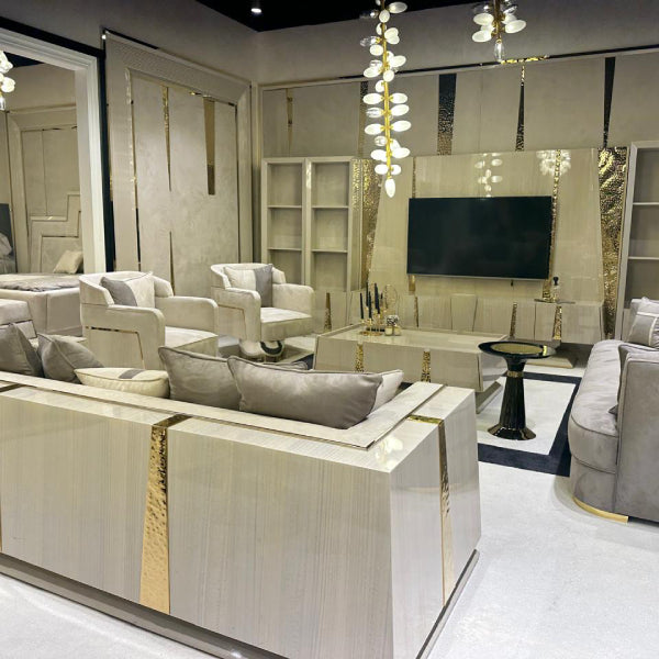 Contemporary Beige Living Room Set with Gold Detailing and High-Gloss Finish