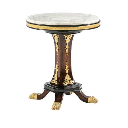 Regal Round Side Table with Marble Top and Ornate Gold Details