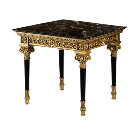 Elegant Square Side Table with Rich Marble Top and Intricate Gold Detailing