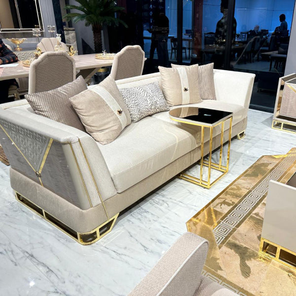 Luxury Beige and Gold Living Room Furniture Set with Marble Accents and Elegant Detailing