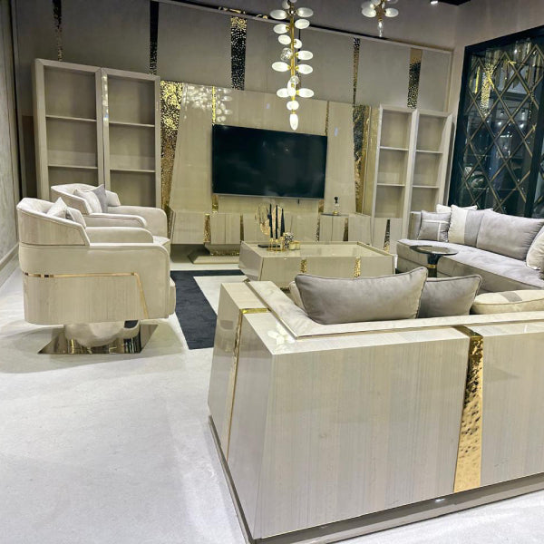 Contemporary Beige Living Room Set with Gold Detailing and High-Gloss Finish