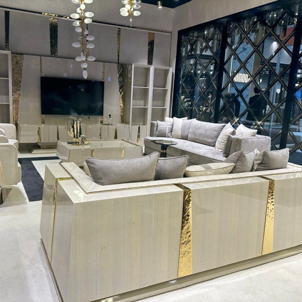 Contemporary Beige Living Room Set with Gold Detailing and High-Gloss Finish