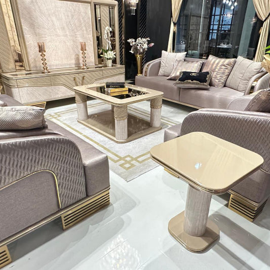 Elegant Modern Living Room Set with Quilted Upholstery and Gold Accents