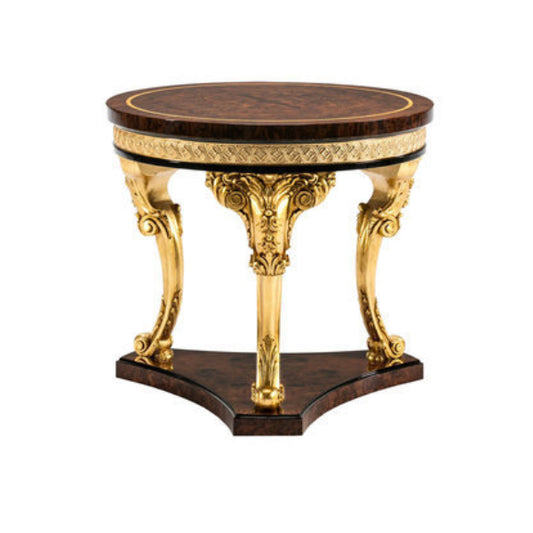 Luxurious Round Side Table with Rich Wood Top and Golden Accents