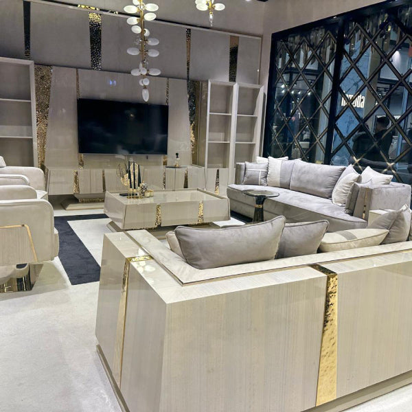 Contemporary Beige Living Room Set with Gold Detailing and High-Gloss Finish