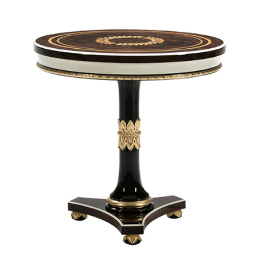 Sophisticated Round Side Table with Inlaid Wood Top and Elegant Accents